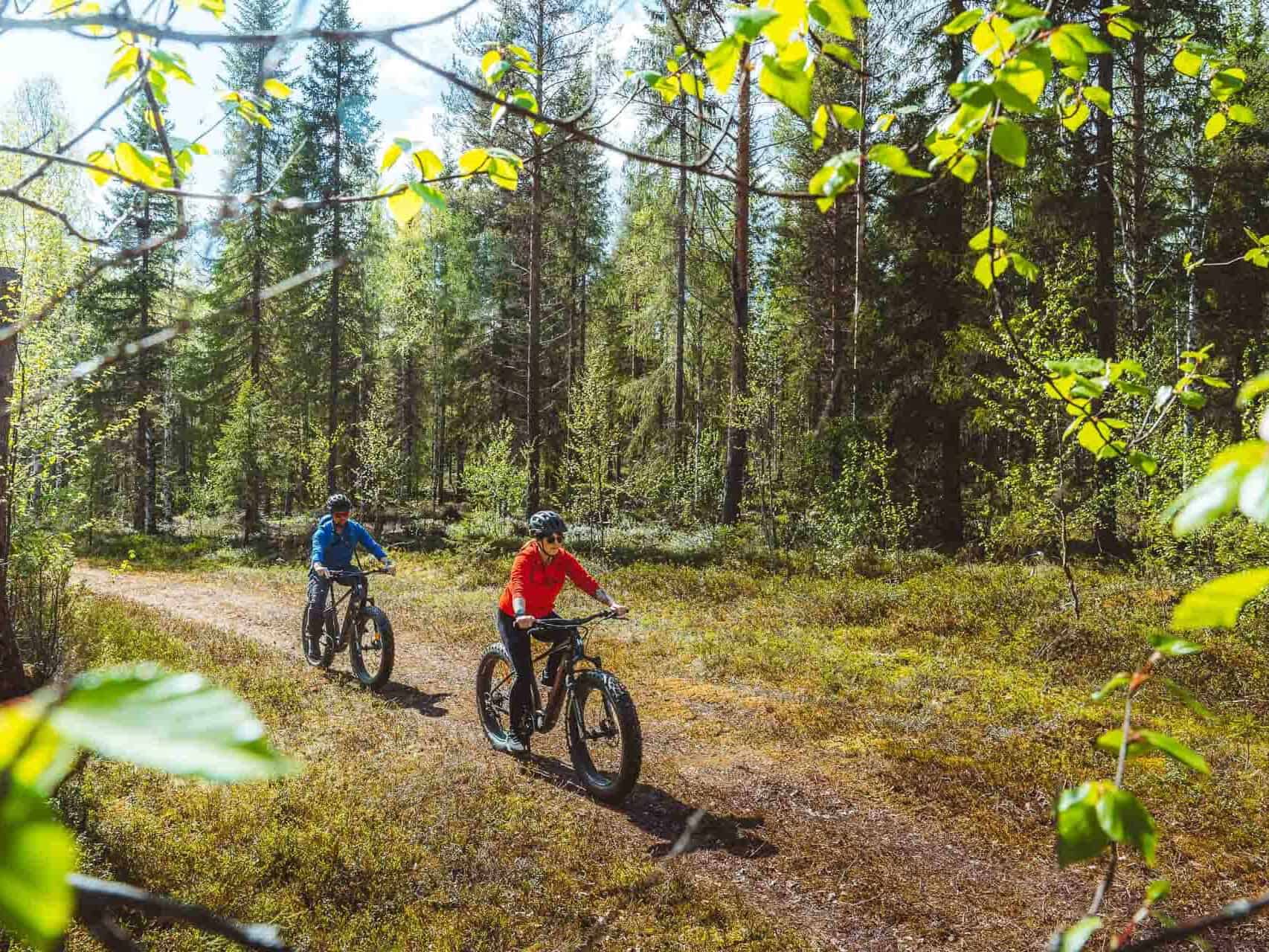 two people driving e-fatbikes in the woods