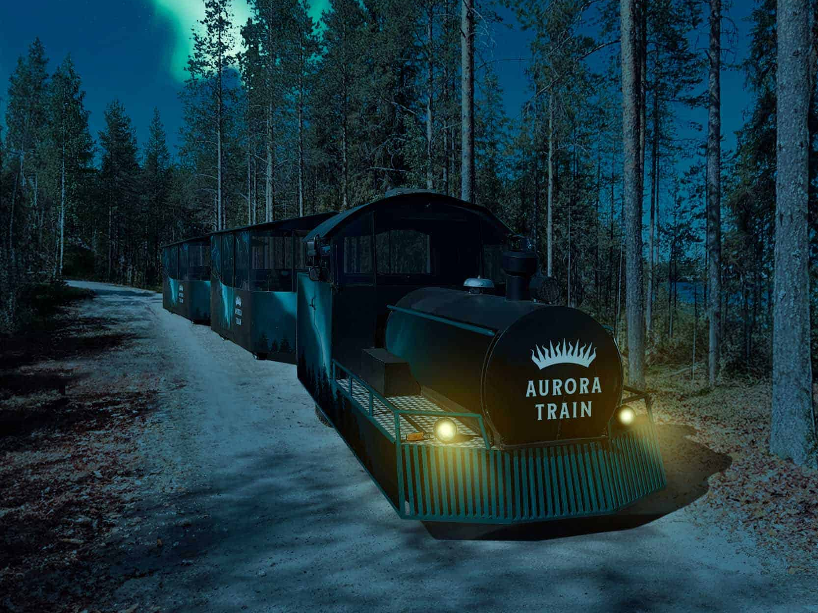 Train and Northern Lights at Apukka Resort Rovaniemi Lapland Finland